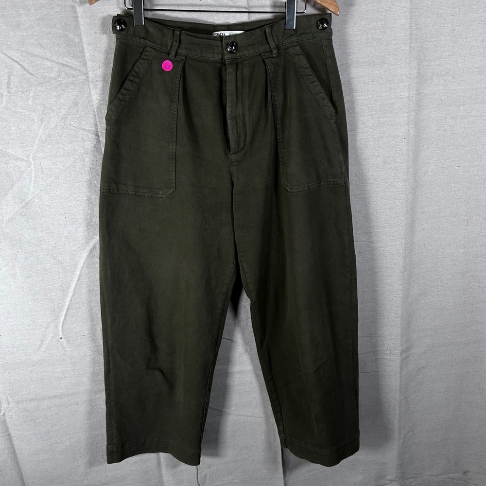 Zara Olive Green High Waisted Crop‎ Chino Pants Pleated Utility Trousers Size M